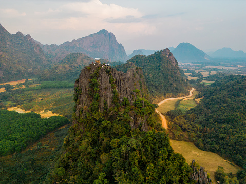 Aerial view of karst mountain in Southeast Asia during dry season