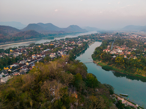 Aerial view of tranquil scene of Mekong river at sunset