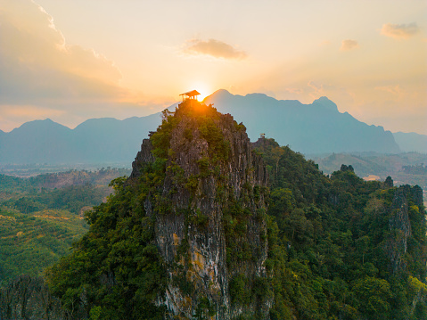 Aerial view of karst mountain in Southeast Asia during dry season