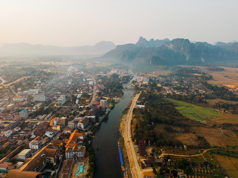 Aerial view of tranquil scene of Mekong river at sunset