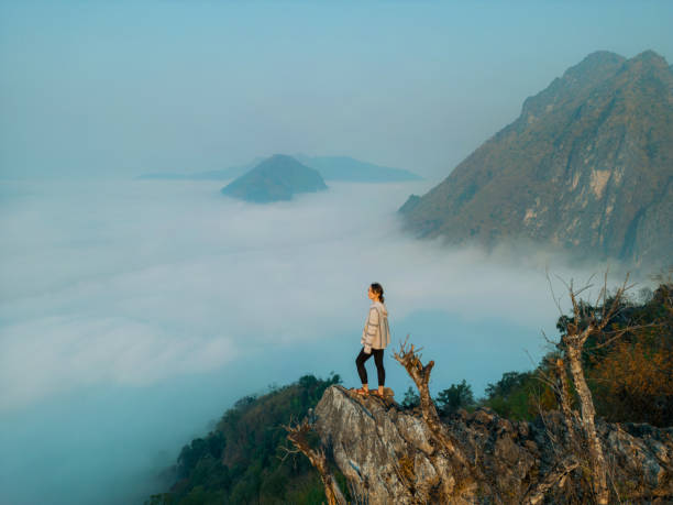 vista aerea della donna in piedi sulla cima della montagna e guardando la nebbia nella valle - vang vieng foto e immagini stock