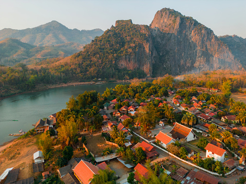 Scenic aerial view of Luang Prabang town and Mekong river