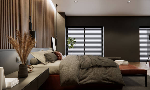 istock Modern Interior Bedroom Mockup. room with wooden wall and black wall, 3d Rendering, 3d Illustration 1473429077