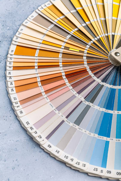 istock Industrial color palette guide of paint samples catalog on grey background 1473429143