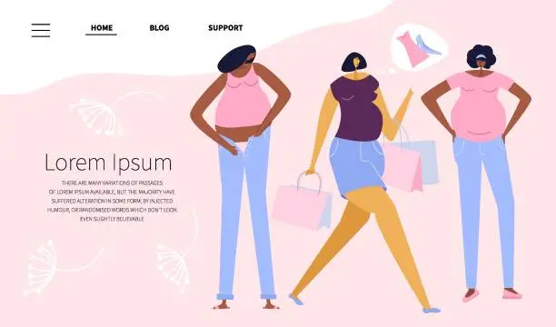Vector illustration of The web landing page with pregnant group girls friends shopping. Women buy and put on clothes. MATERNITY CLOTHES DON'T FIT.