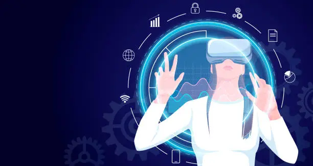 Vector illustration of Woman in vr glasses, headset work with circle infographic hologram. Augmented virtual reality blockchain data. Digital technology network metaverse. Programmer in cyber office app. Vector illustration