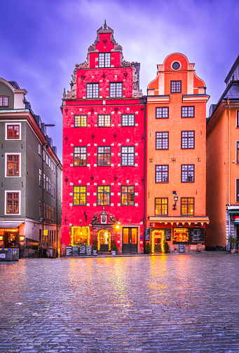 Stockholm, Sweden. Charming streets of Gamla Stan shrouded in a cloudy twilight, scenic atmosphere for travelers.