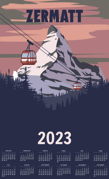 월간 달력 2023 년 체르마트 스키 리조트 포스터, 복고풍. 알프스 겨울 여행 카드 - zermatt stock illustrations