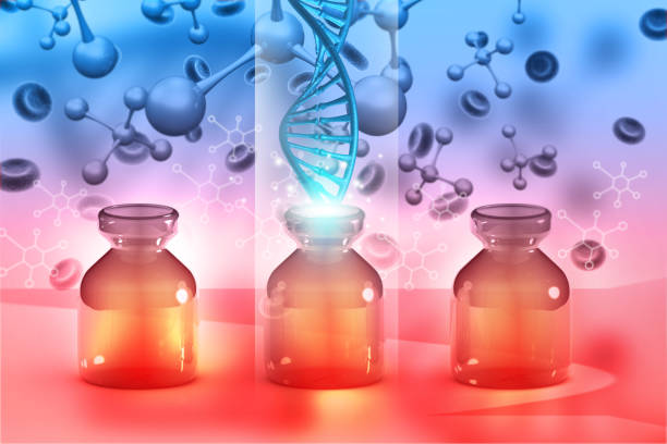 DNA and molecules with medical bottle. 3d illustration