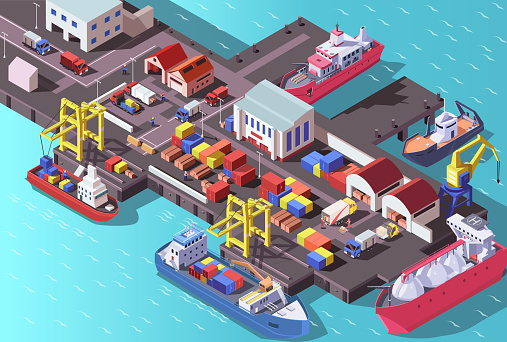 Cargo port with ships isometric. Sea dock industry. Crane loading container on vessel. Commercial logistic terminal. Oil tanker export and gas carrier import barge. Water shipment vector illustration