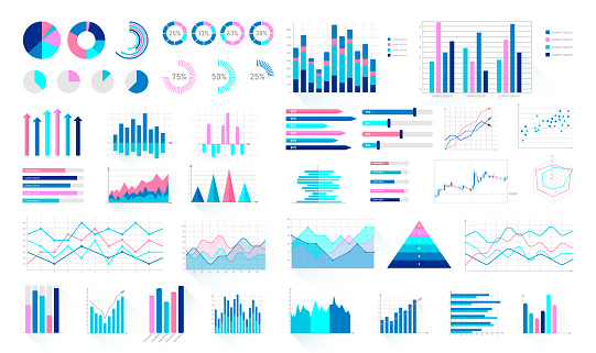 Business infographic elements set. Financial presentation visualization collection for analytics and statistics report. Colorful diagram, pie and flow charts, bar graphs and lines. vector illustration