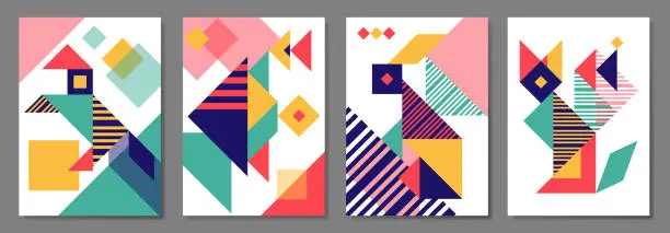 Vector illustration of Set of tangram geometric Covers with animals. Geometric animals for Covers