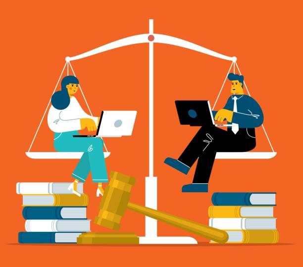 Equality and freedom measurement with person sitting on scales Equality and freedom measurement with person sitting on scales. Weights and lawyer hammer symbol stock illustration independence document agreement contract stock illustrations