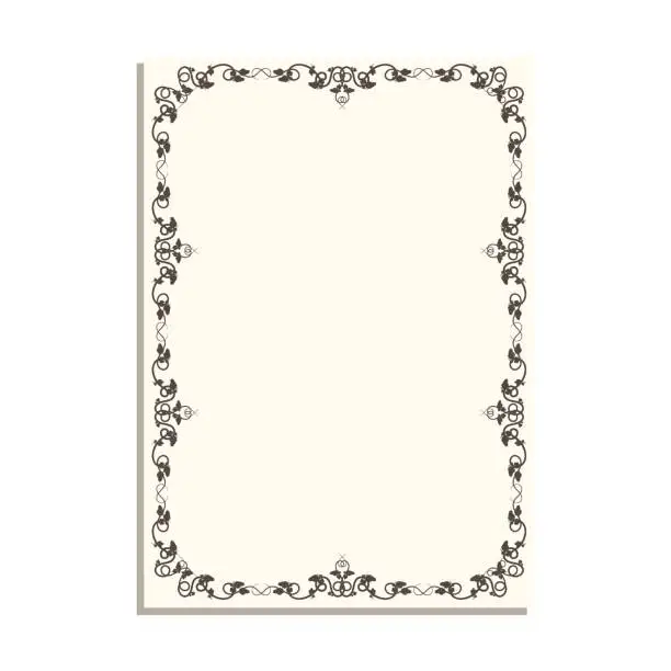 Vector illustration of Rectangular frame with vines and leaves for decorative design of book pages, diplomas and certificates in A4 format. Minimalistic vector isolated on white