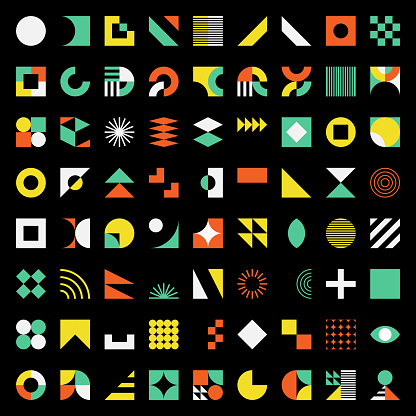 Vector set of color block minimalism geometric Bauhaus style symbol design elements in black background
