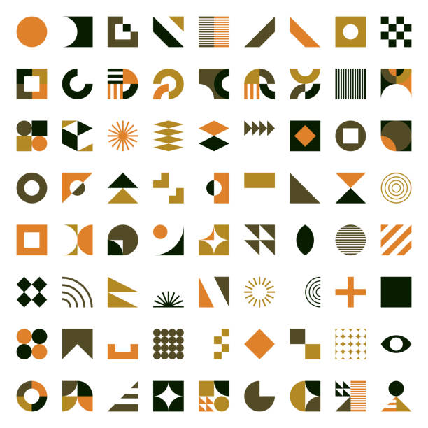 vektorsatz von farbblock-minimalismus-geometrischen symbol-designelementen auf weißem hintergrund - triangle square shape label symbol stock-grafiken, -clipart, -cartoons und -symbole