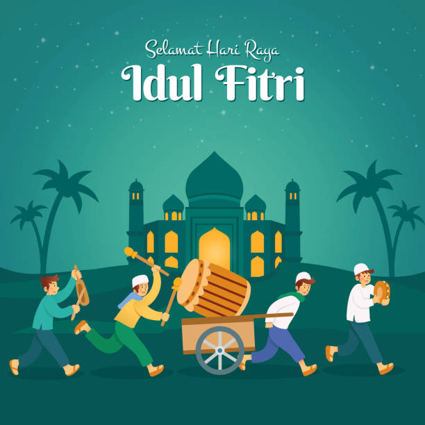Selamat hari raya Idul Fitri, translation: happy eid mubarak with a group of youngster parading a big wooden drum to to celebrate eid mubarak in the night Selamat hari raya Idul Fitri, translation: happy eid mubarak with a group of youngster parading a big wooden drum to to celebrate eid mubarak in the night bedug stock illustrations