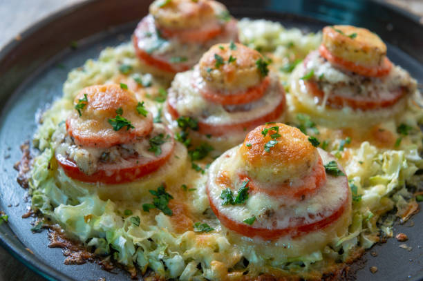 Baked Vegetables with Mozzarella Cheese on Dish, Clean Food Style.
