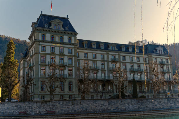 scenic view of historic building in backlight at swiss town. - thun switzerland facade european culture imagens e fotografias de stock