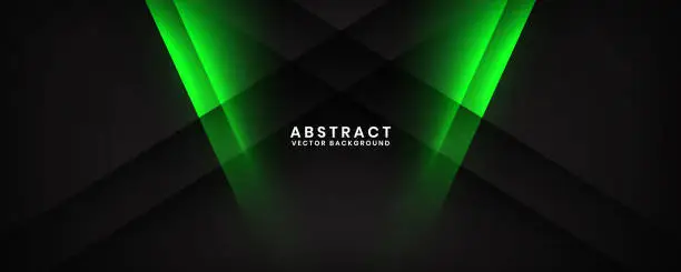 Vector illustration of 3D black techno abstract background overlap layer on dark space with green light effect decoration. Modern graphic design element cutout style concept for banner, flyer, card, or brochure cover