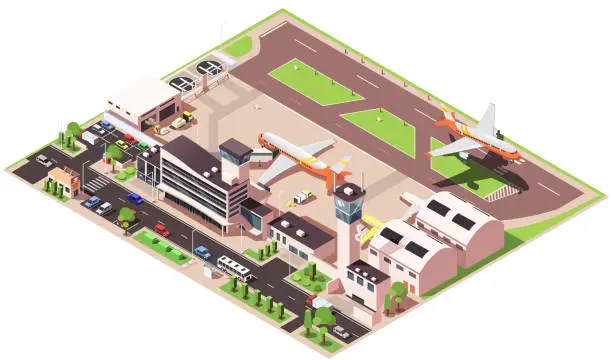 Vector illustration of Airport with aerodrome for commercial air transport, landing area, runway for plane to land, utility buildings, control tower for monitor aircraft, hangars, terminal. Isometric vector illustration