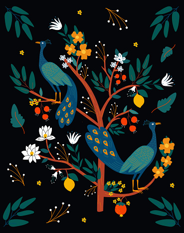 Peacock in blossom garden with tropical flowers and fruits in bright colors. Creative vector illustration on black background.