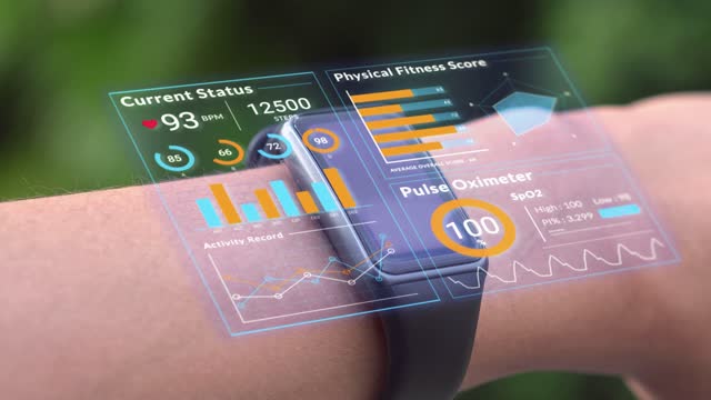 Futuristic hologram infographic display on smartwatch