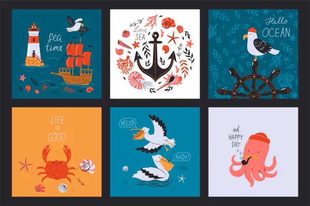 Vector illustration of A set of six square postcards with a marine theme. Vector graphics.