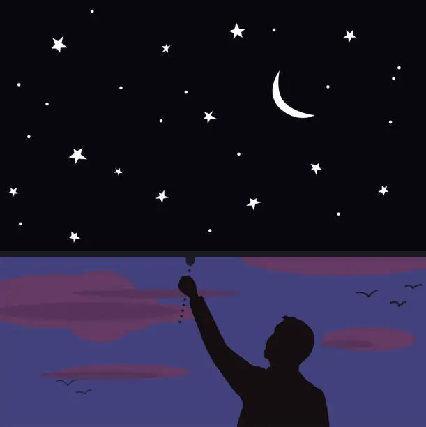 Vector illustration of Illustration cartoon hand drawing person closing the curtain of night sunset crescent moon stars closing down as a curtain on cloudy skies good night