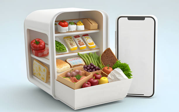 Online product sales delivery service application white background food cart food market smartphone food delivery concept background Shop online on your smartphone with clear glass. aplicación de servicio de entrega de ventas de productos en línea fondo blanco carrito de alimentos mercado de alimentos teléfono inteligente concepto de entrega de alimentos fondo compre en línea en su teléfono inteligente con vidrio transparente.