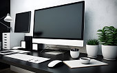 Panoramic photo of stylish workspace with mock up computer and office supplies gadget. Blank screen and copy space for graphic display montage.