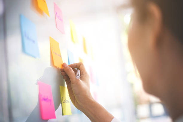 Business people brainstorming putting sticky note on glass wall, Selected focus.