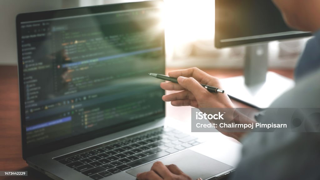 Development Programmer Writing A Code On Database Teamwork Cooperation ...