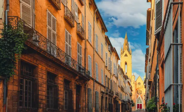 View of Provence typical city Aix en Provence with old house facade in the morning