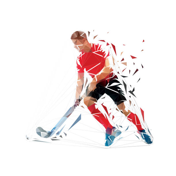 хоккеист на траве, бегущий с мячом, низкополигональная векторная иллюстрация, геометрический логотип хоккея на траве из треугольников - field hockey ball individual sports sports and fitness stock illustrations