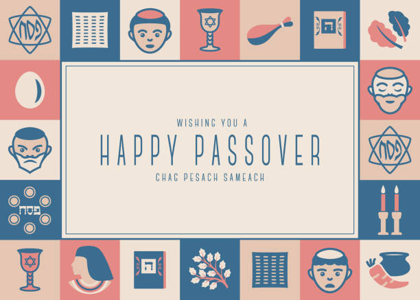 Passover greeting card with a frame made of related icons and symbols. Elegant design for Passover greeting card. Vintage colors.