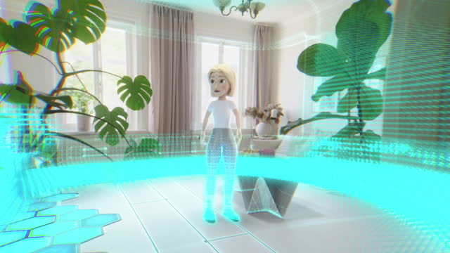 A woman entering the metaverse, changing form into her online avatar