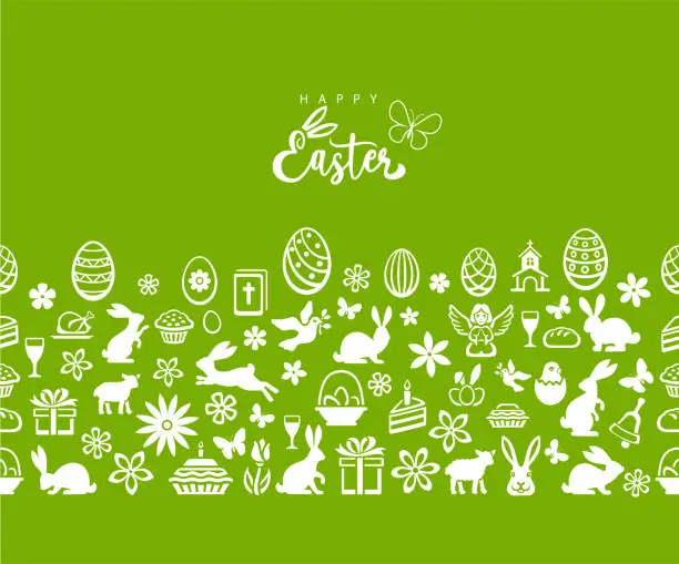 Vector illustration of Easter Seamless Green Pattern. Icons with Easter eggs, flowers, bunnies and butterfly.