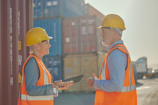 Teamwork, logistics manager or people at a container supply chain, delivery or shipping distribution warehouse. Planning trade or industry employees with cargo, stock or inventory for global trade