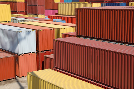 Freight containers are used for shipping goods.