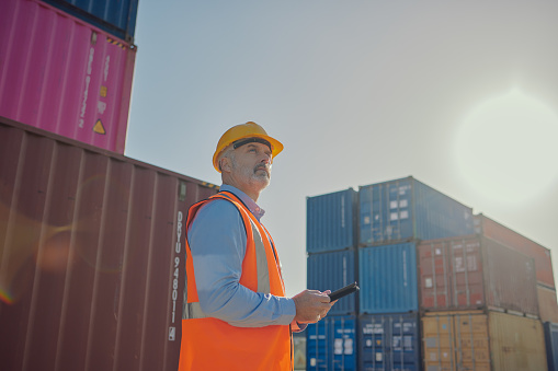 Man, tablet and logistics for shipping inspection, storage data or monitoring cargo at container yard. Senior male engineer or contractor checking supply chain information on touchscreen for shipment