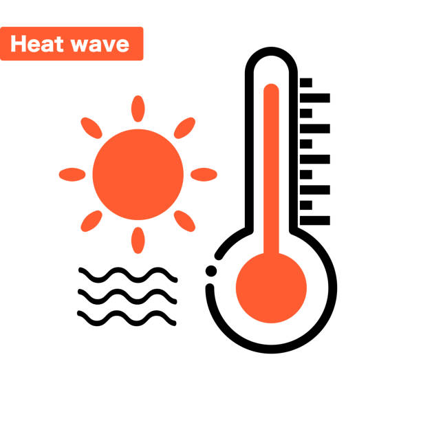 열 파 태양과 온도계 아이콘 세트입니다. 벡터. - heat heat wave thermometer summer stock illustrations