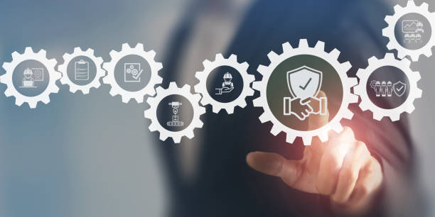 istock Work safety concept. Safety at workplace and compliance icons on smart background. Working standard processes. Zero accidents. Using for safety awareness banner. 1473446451