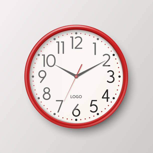 Vector 3d Realistic Simple Round Red Wall Office Clock with White Dial Icon Closeup Isolated on White Backgound. Design Template, Mock-up for Branding, Advertise. Front, Top View Vector 3d Realistic Simple Round Red Wall Office Clock with White Dial Icon Closeup Isolated on White Backgound. Design Template, Mock-up for Branding, Advertise. Front, Top View. clock wall clock face clock hand stock illustrations