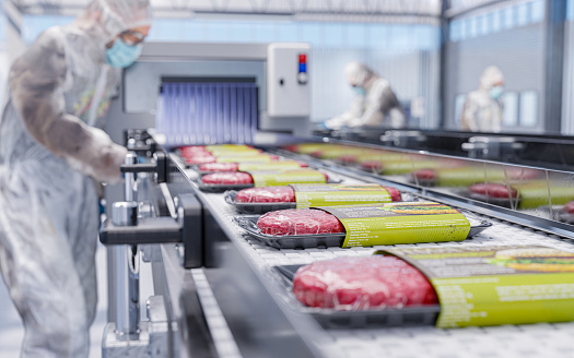 Conveyor in a factory of ready-made plant-based veggie hamburger cutlets - a modern ecological modern factory - 3d illustation