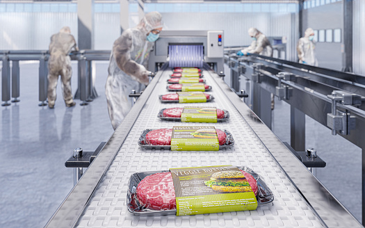 Conveyor in a factory of ready-made plant-based veggie hamburger cutlets - a modern ecological modern factory - 3d illustation