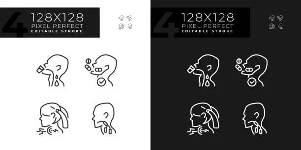 Vector illustration of Throat sickness pixel perfect linear icons set for dark, light mode