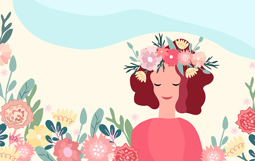 Cute banner with a woman with a flower wreath on her head. Spring flowering. Ideal for greeting cards, banners, cards, posters. Vector illustration.