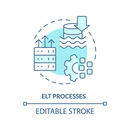 ELT processes turquoise concept icon. Extract, load and transform. Architecture abstract idea thin line illustration. Isolated outline drawing. Editable stroke. Arial, Myriad Pro-Bold fonts used