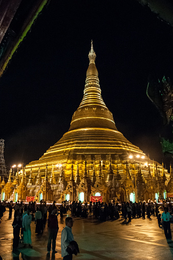 Yangon, Myanmar - oct 29, 2012 : illuminated stupas inside the Shwedagon Pagoda during the Festival of Lights.